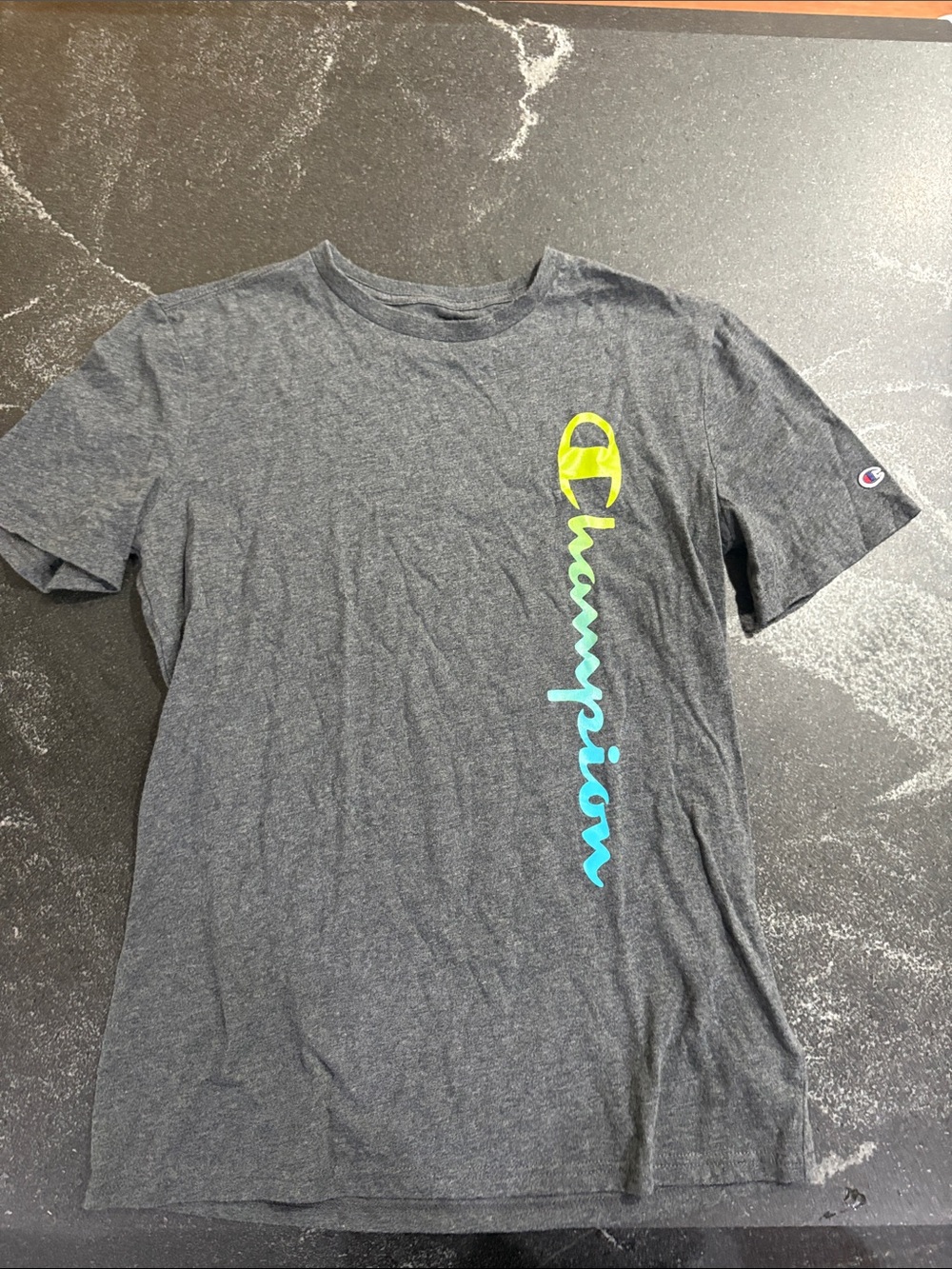 Champion Charcoal Tee with Neon Yellow and Aqua Logo